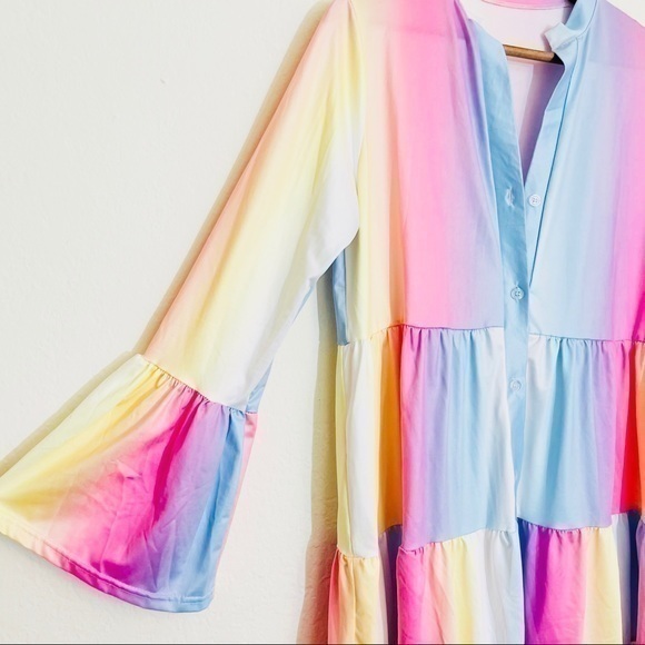 Long Sleeve Pastel Rainbow Dress - Size Small - Fits Like a Medium to Large - Picture 2 of 5